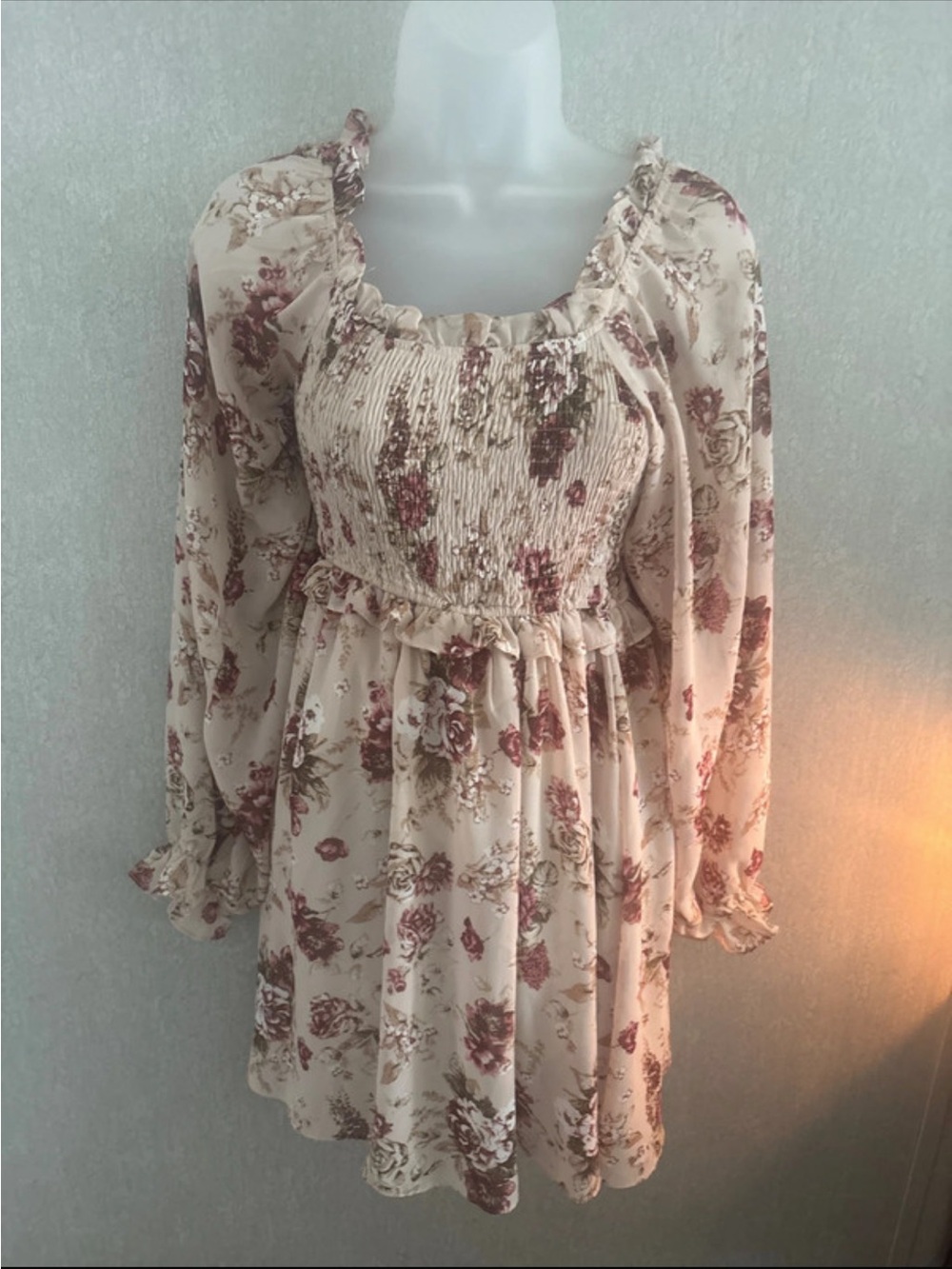 entro Cream Floral Smocked Long Sleeve Mini Dress with Rust Roses